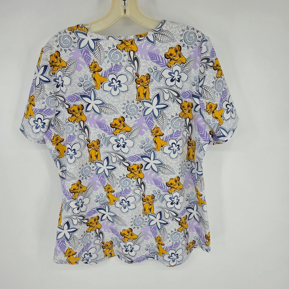 Disney Simba Lion King Scrub Top Womens Medium Purple Floral V-Neck Medical Work - Picture 2 of 3